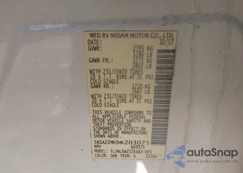 2017 Nissan Murano Platinum z USA, uszkodzony, nr VIN 5N1AZ2MH3HN203075